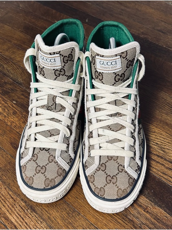 Gucci Shoes - Gucci womens Beige GG Canvas High-Top Sneakers w/Green Interior size 7.5 run big